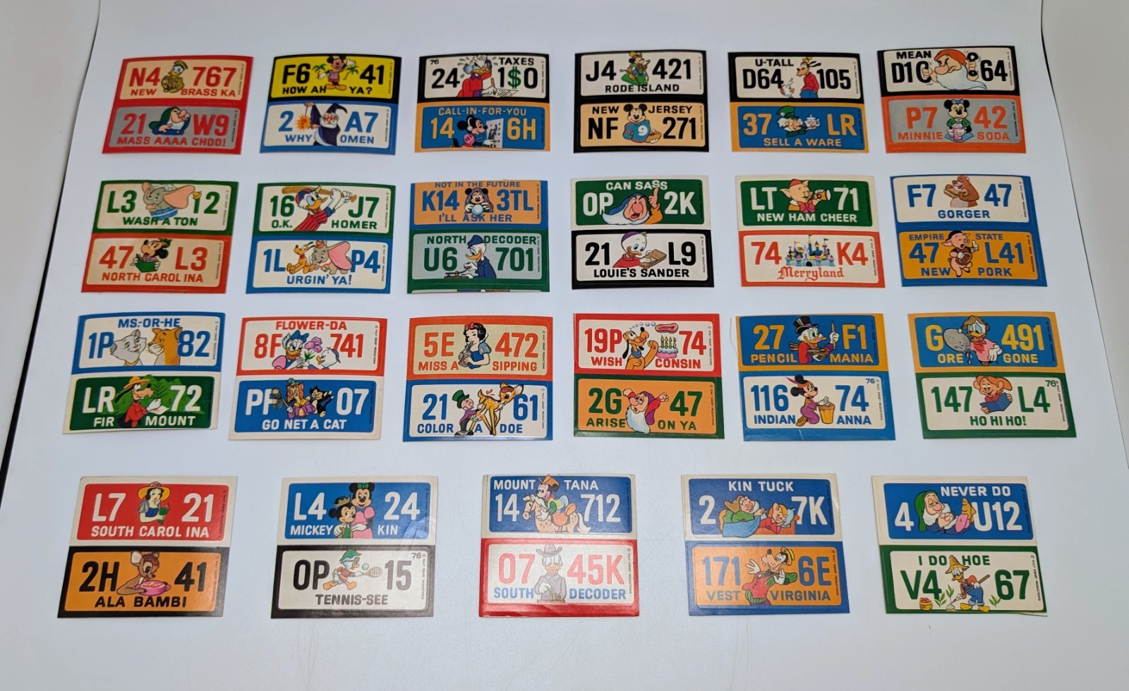 1976 WALT DISNEY Wonder Bread Crazy License Plate Sticker Card Set 23/25 SEE DES