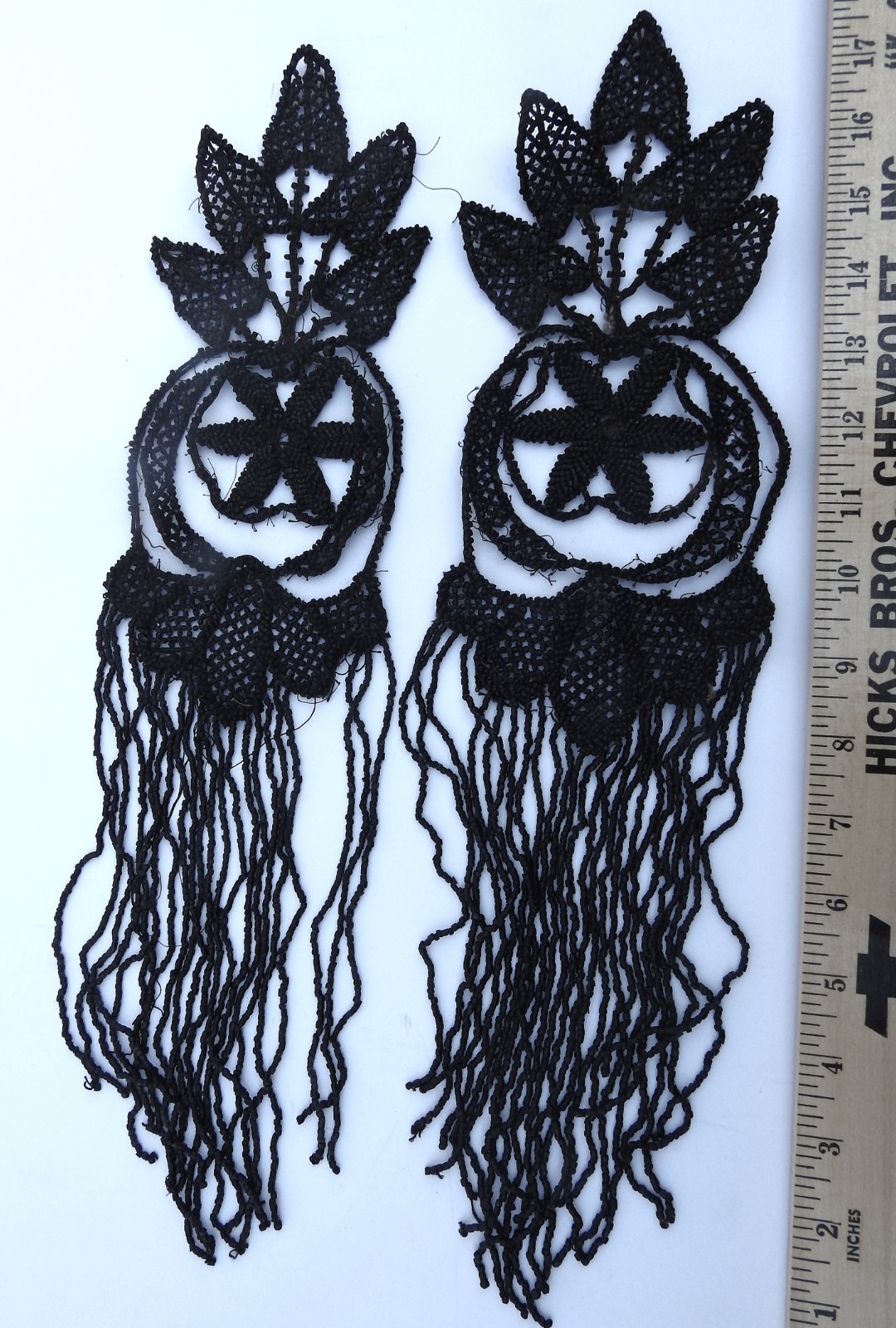 LARGE Pair 1800s Victorian Jet Black Beadwork Mourning Applique’ Trim 4.5″ x 18″