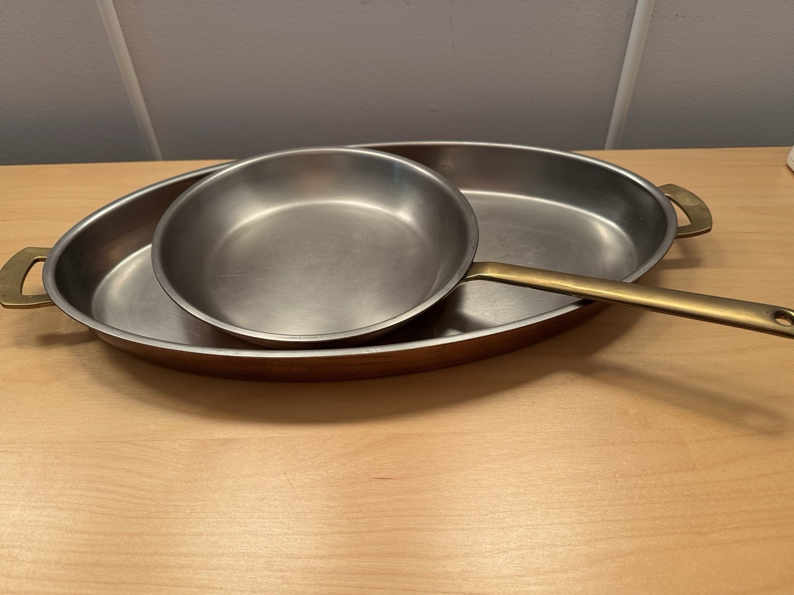 Vintage Spring Culinox Copper Stainless 16in Oval Gratin and 8in Sauté Pan