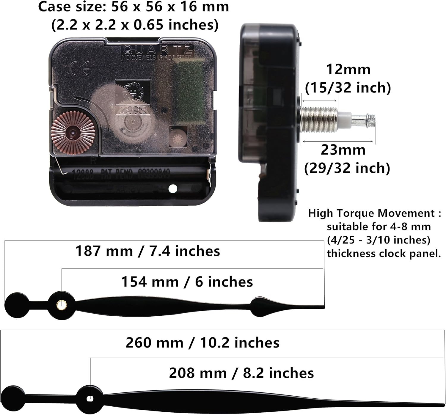 Battery Powered Quartz Clock Movement – Includes 2 Long Hands, 29/32 Inch Shaft