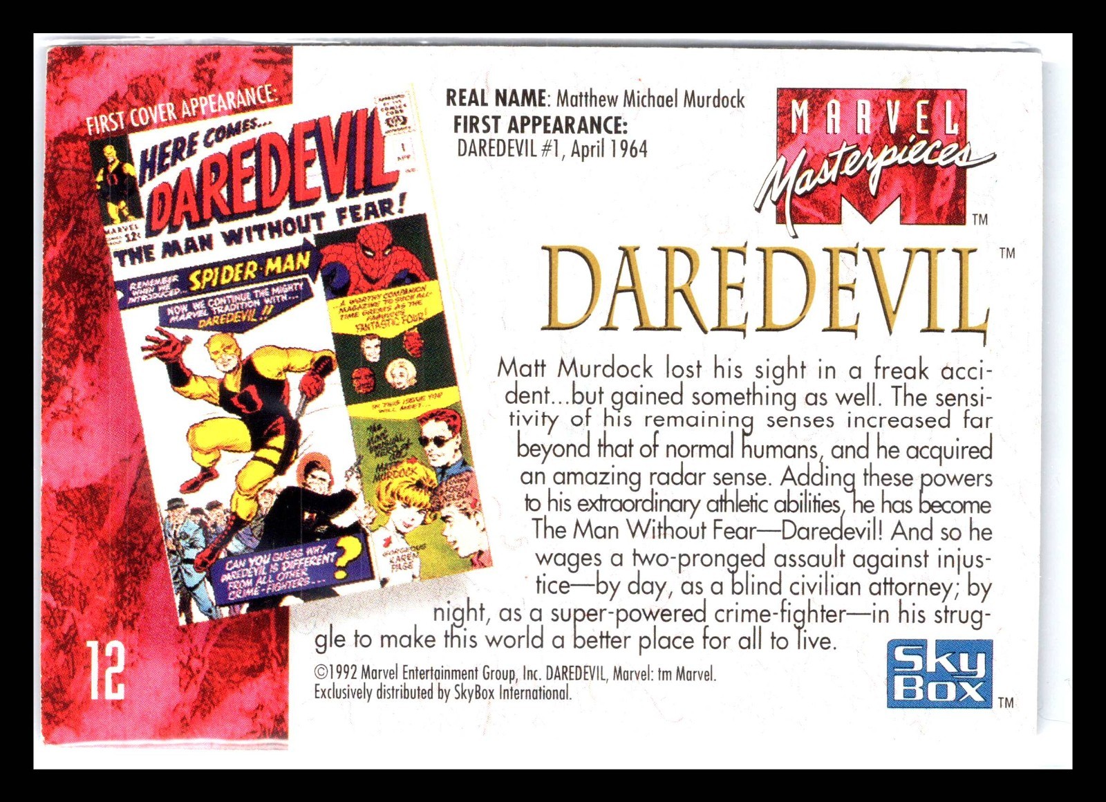 1992 SkyBox Marvel Masterpieces Daredevil #12 Trading Card Joe Jusko Art