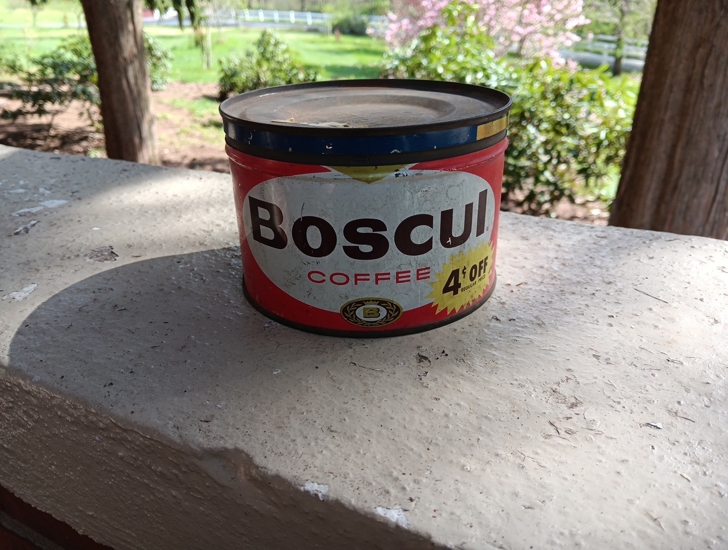 VINTAGE BOSCUL COFFEE TIN CAN 1 LB BOSCUL COFFEE & TEA CAMDEN NJ ADVERTISING