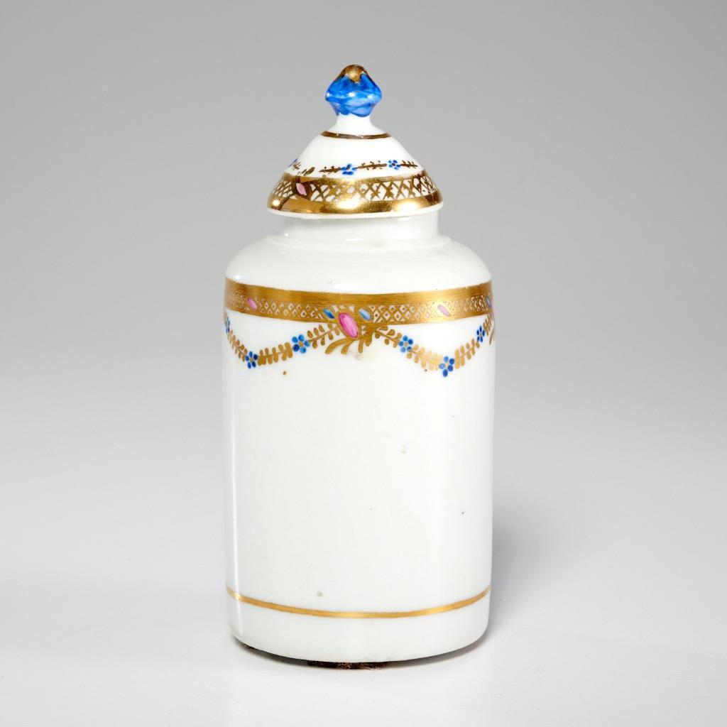 Porcelain Dresden Style Rococo Blue Gold Tea Caddy Apothecary Perfume Jar w Lid