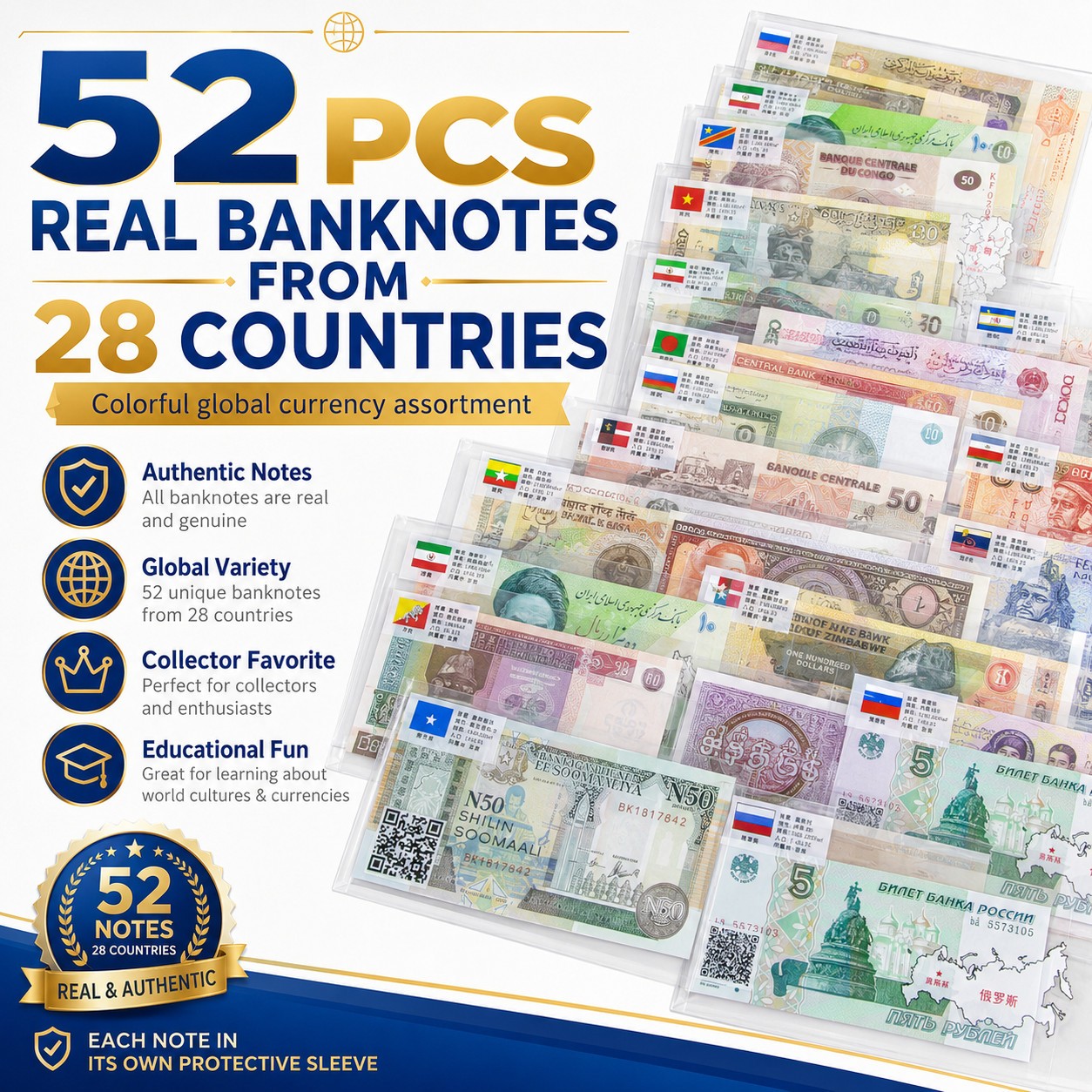 US Lot 52 Pcs 28 Countries Different World Banknotes Paper Money UNC Gift Bundle