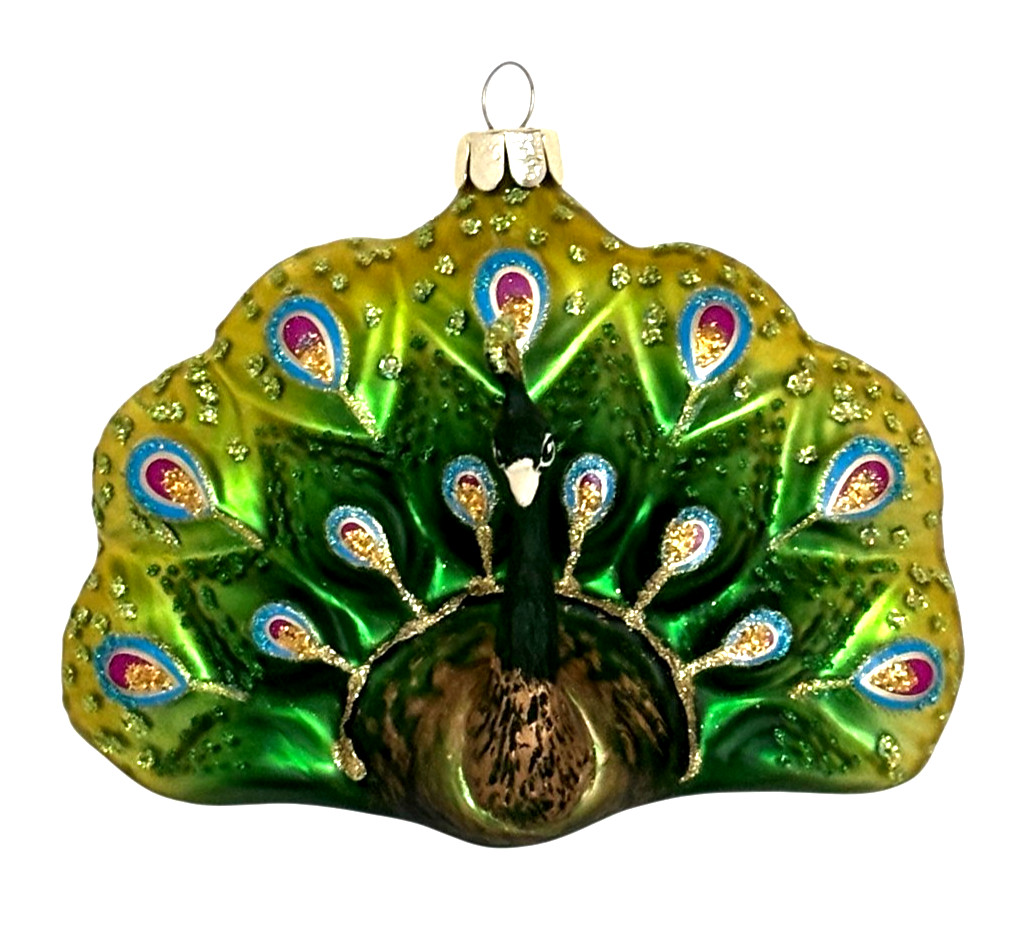 Blown Glass Peacock Ornament Green Glitter Sparkly