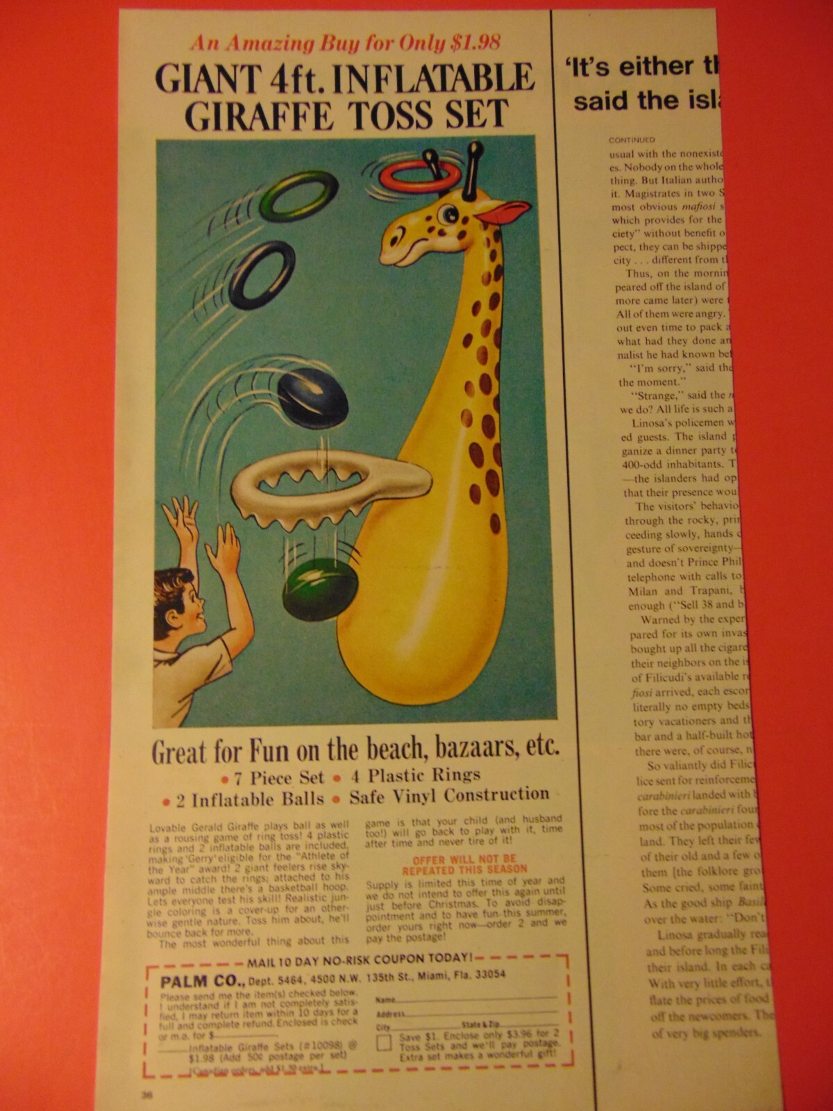 1971 Giant 4ft Inflatable Giraffe Toss Set vintage print ad