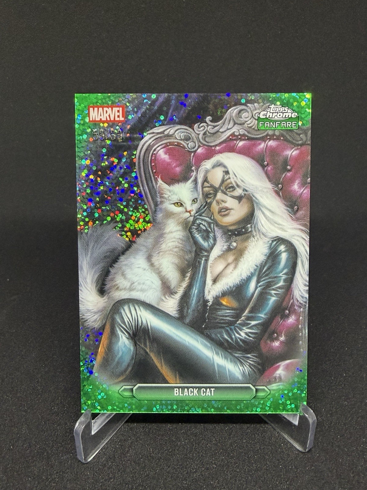 2026 Topps Chrome Marvel #FF-03 BLACK CAT FANFARE Green Speckle Ref / 99