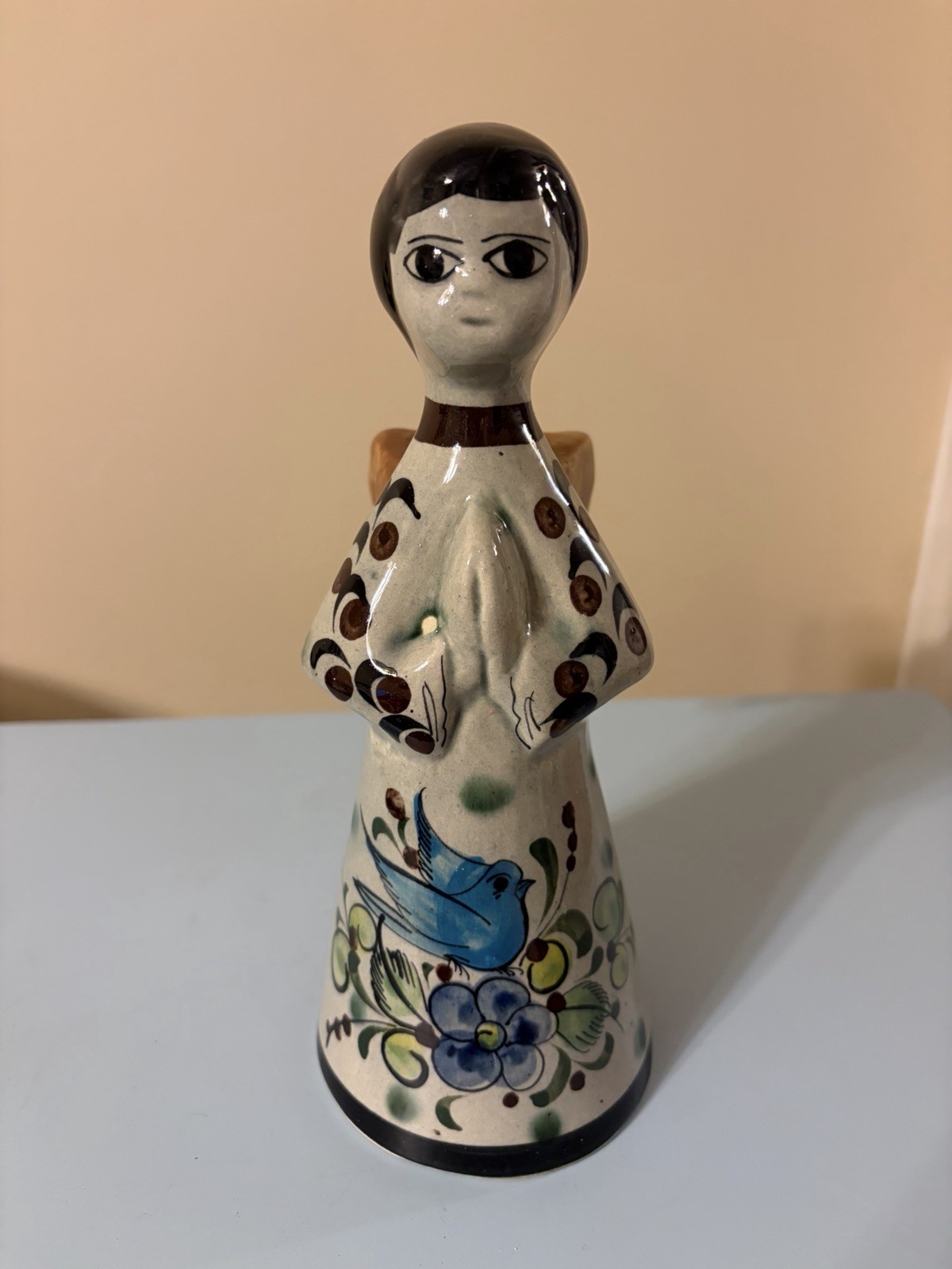 Tonala Mexican Pottery Praying Angel Candlestick Holder Folk Art Signed 9 ” Tall