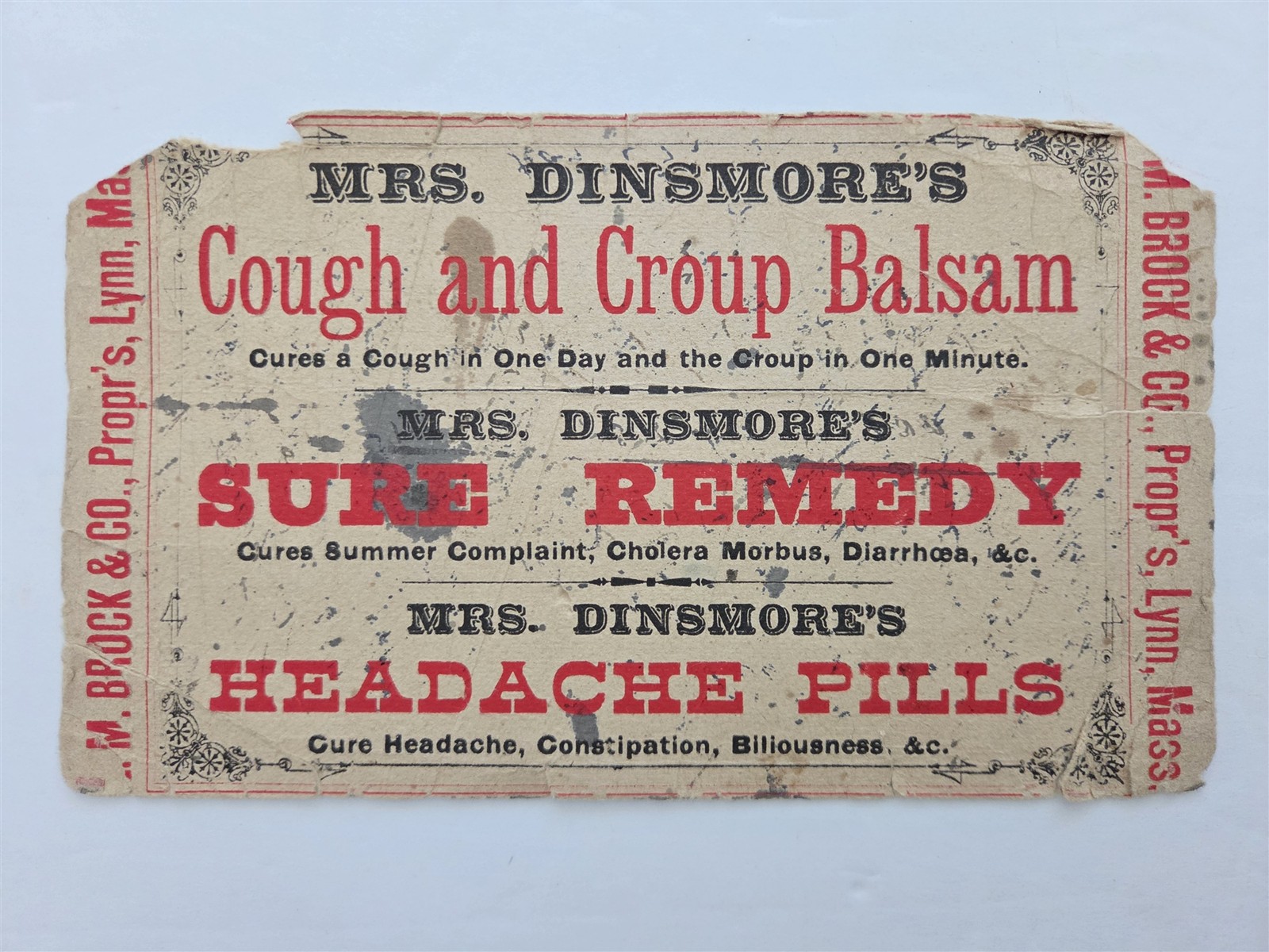 1880s antique MRS DINSMORE MEDICINE lynn ma INK BLOTTER PAPER advertising