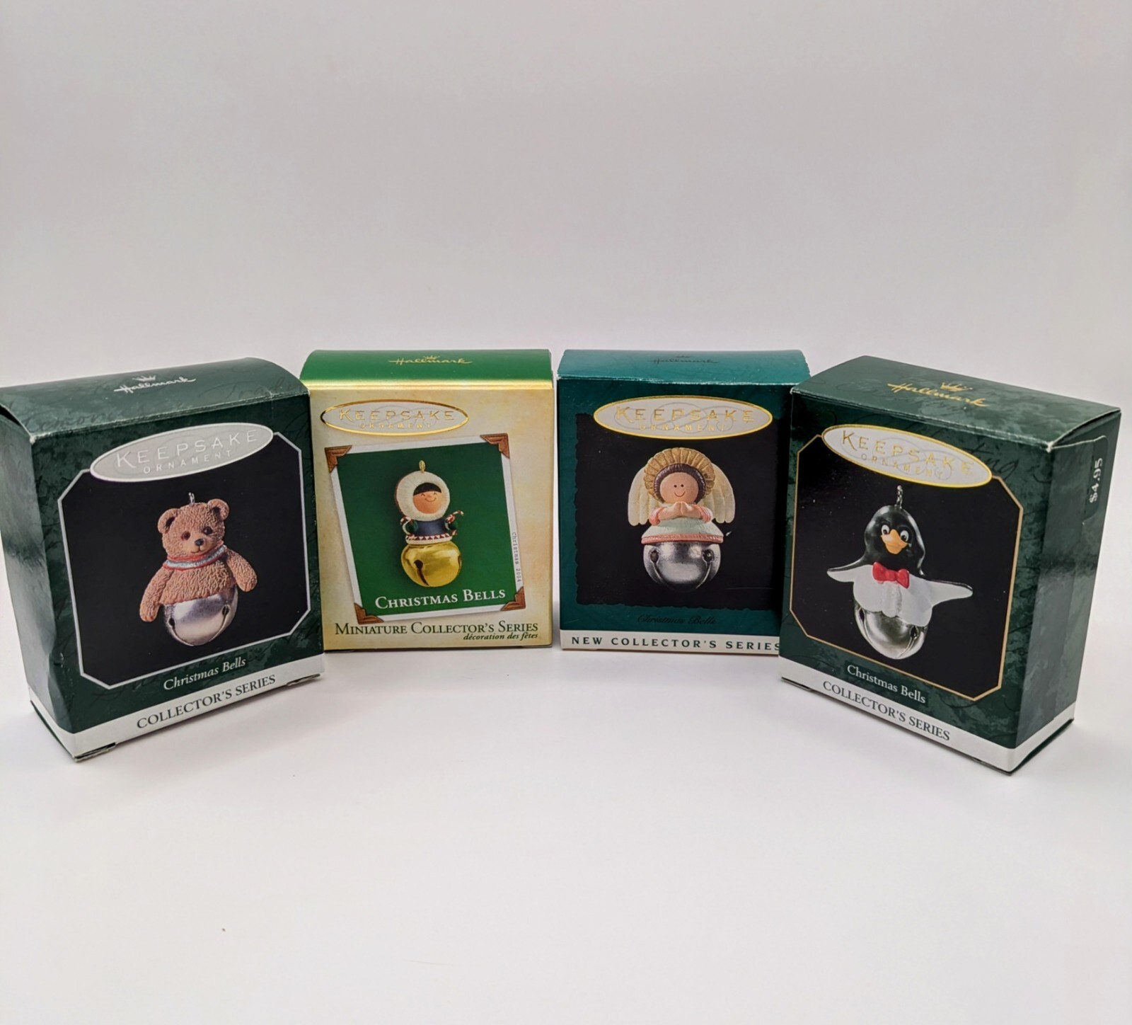 4 Hallmark Miniature Ornaments Christmas Bells 1995/1998/1999/2004 Angel Bear