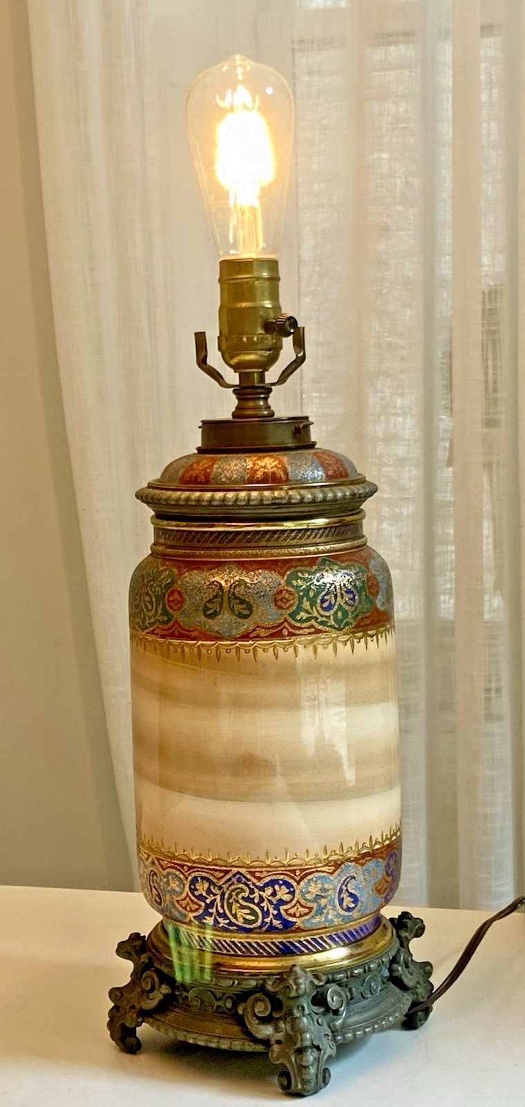 Antique Signed French Aesthetic Movement Moorish Revival Ceramic Table Lamp