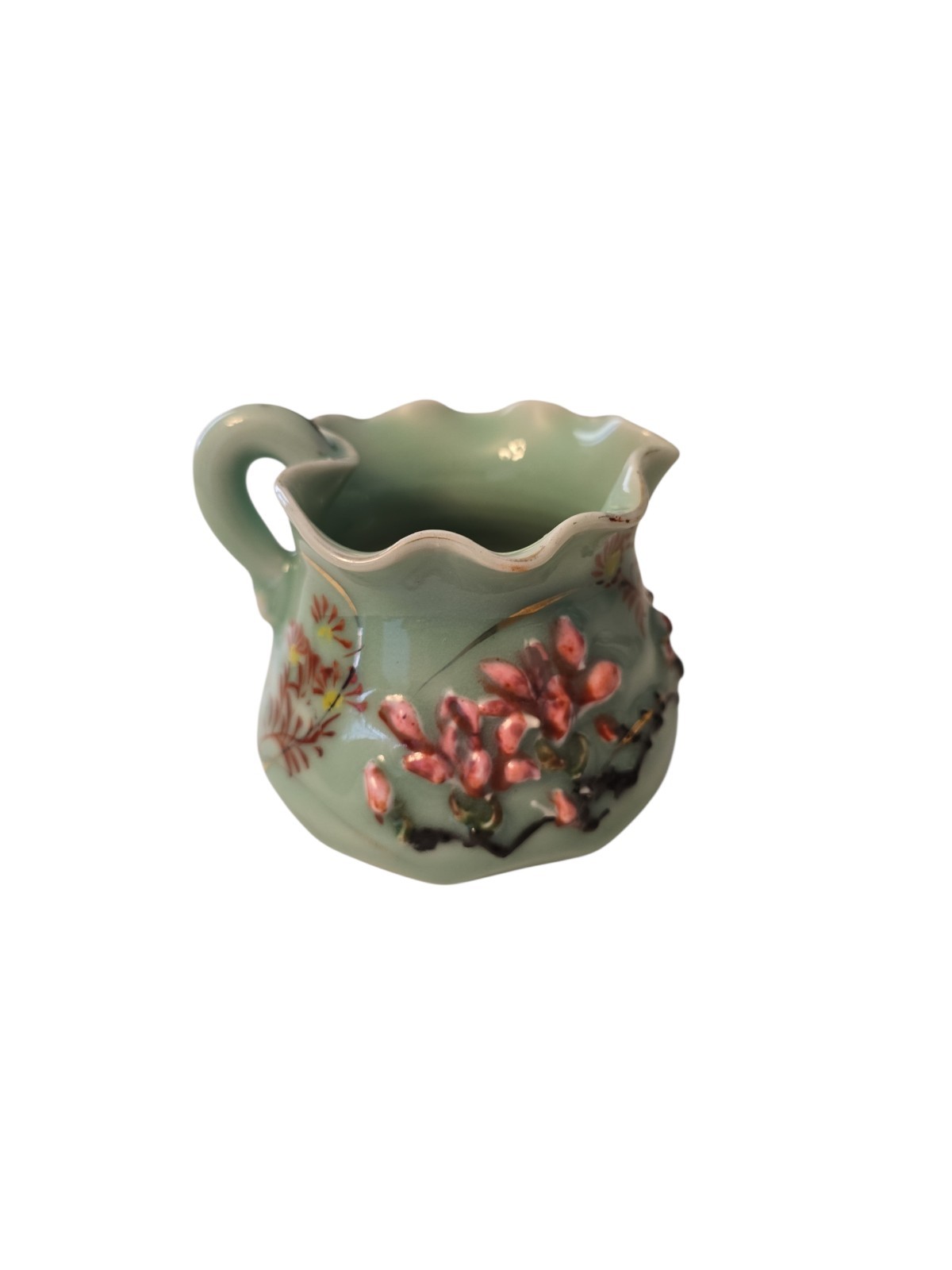 Vintage Celadon Kato Shunk? Meiji Era? Asian Green Floral Creamer 3″
