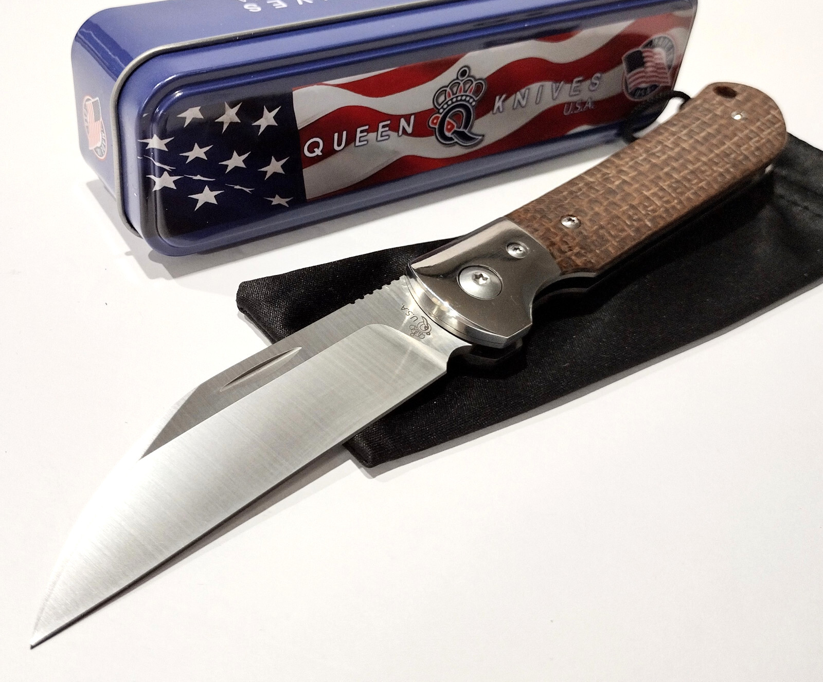 Queen USA Pattern 84 Brown Burlap Micarta Wharncliffe Folding Pocket Knife QBM84