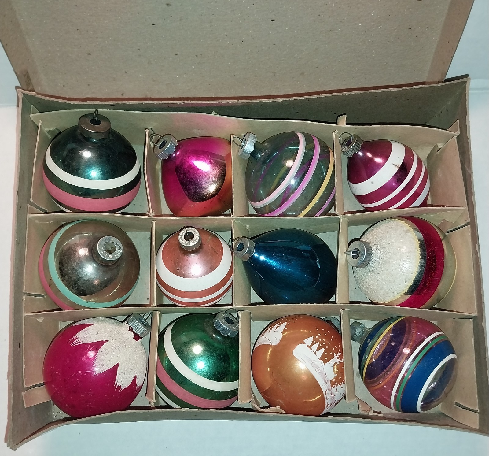 12 Vtg BOXED SHINY BRITE Mercury Glass STRIPED STENCIL TEARDROP Ornaments 1950’s