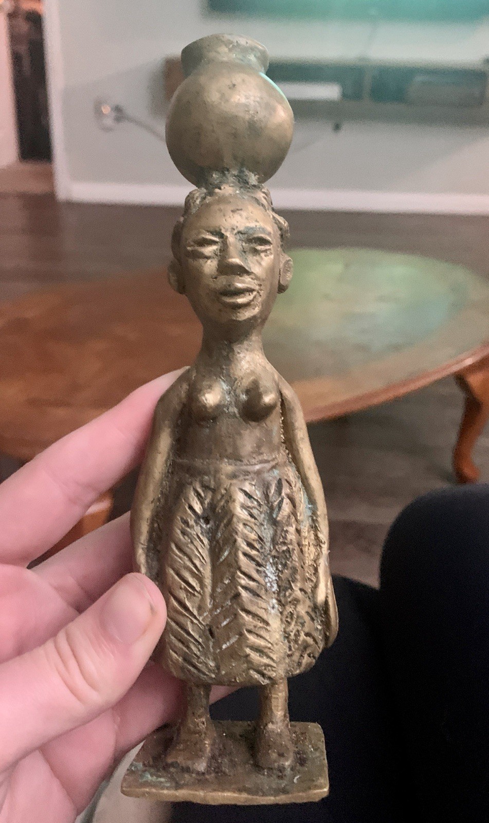 Vintage African Solid Brass LostWax Woman Fig 7.5” Carrying Pot, Patinated 1950s