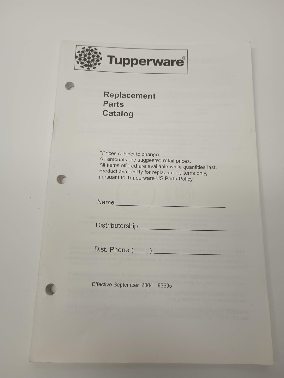 Rare Tupperware Replacement Parts Catalog Booklet September 2004
