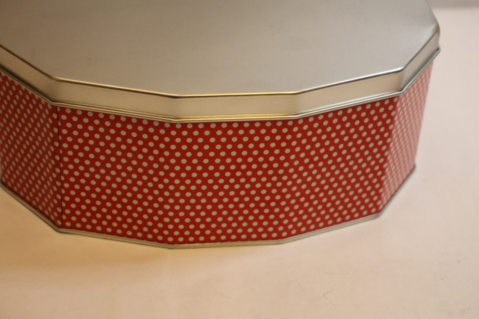 vintage octagonal Tin red with white pin dots polka dots silver lid approx 8″