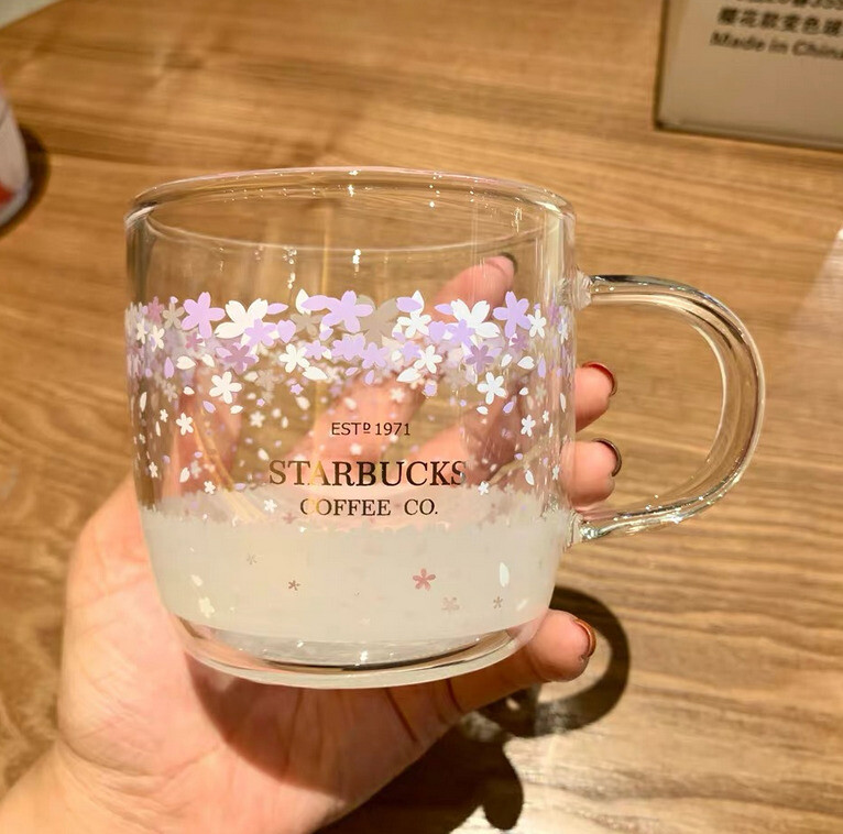 CHINA Starbucks Pink Sakura Color-changing Glass Coffee Mug Milk Cup+Rod 12oz