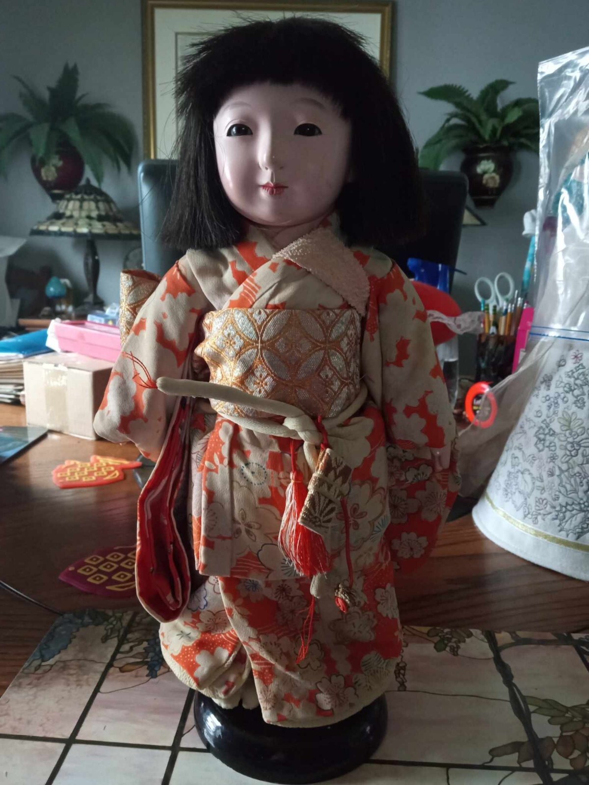 Vintage Ichimatsu Doll Orange -Colored Japanese Kimono W/ Original Shipping Box