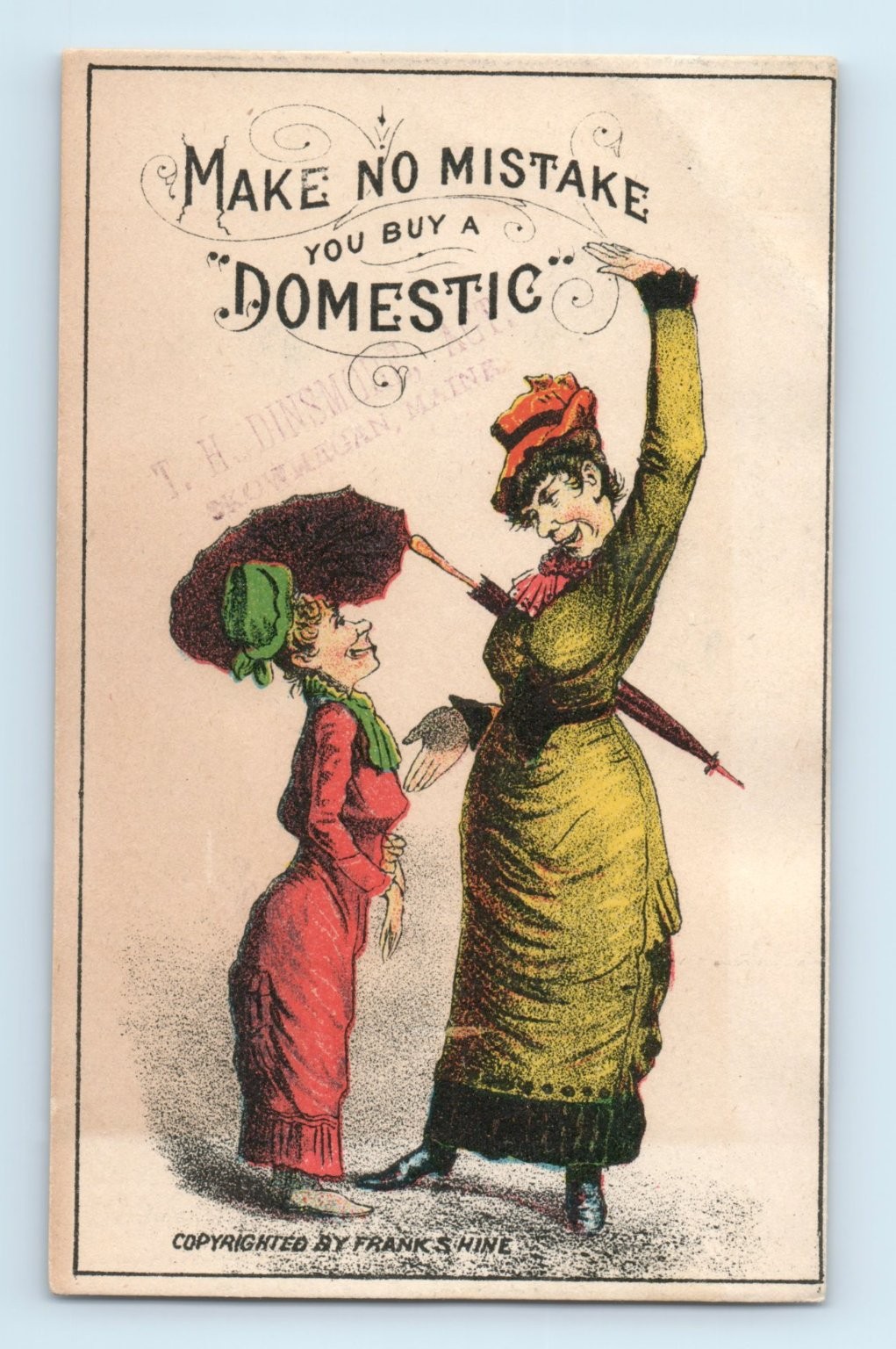 Victorian Domestic Sewing Machine Trade Card Humorous Art T.H. Dinsmore