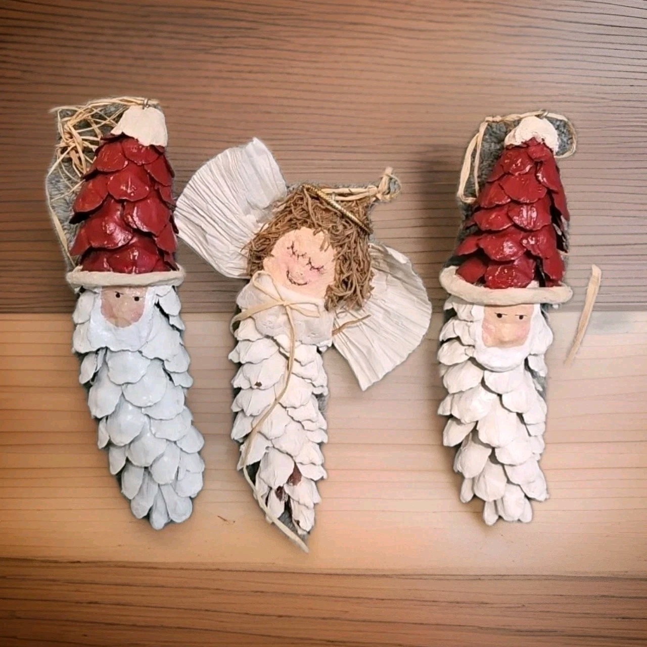 VTG Christmas Pinecone 8″ Tall Ornaments Handmade 2 Santa & 1 Angel Made In USA