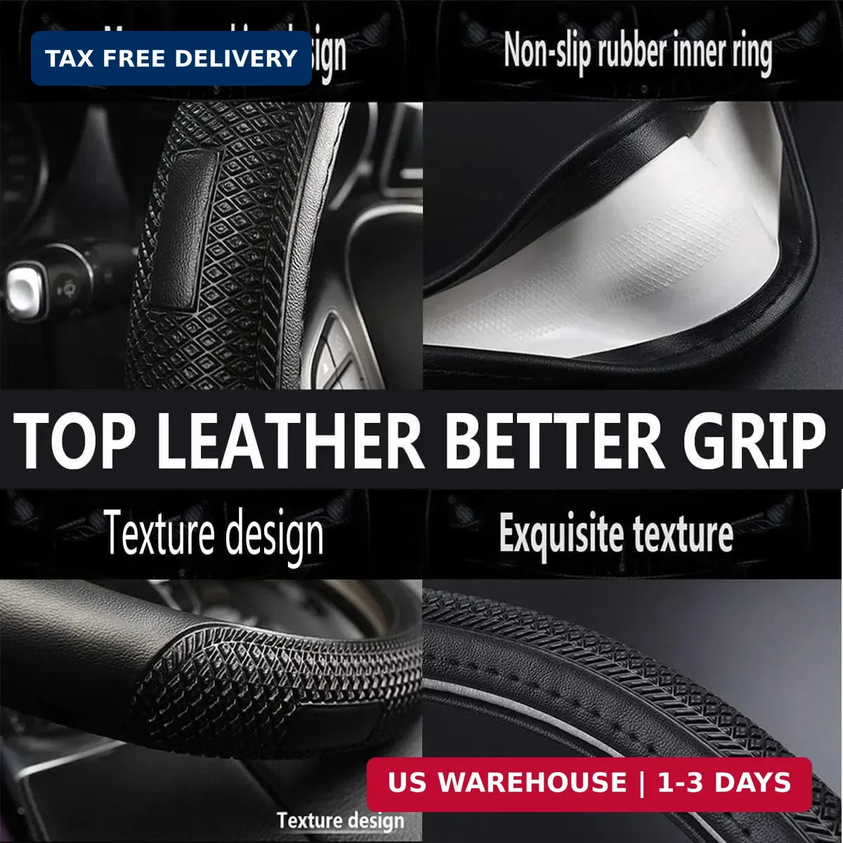 D Shape Steering Wheel Cover,Universal 14.5-15 Inch Car Black Leather Steering W