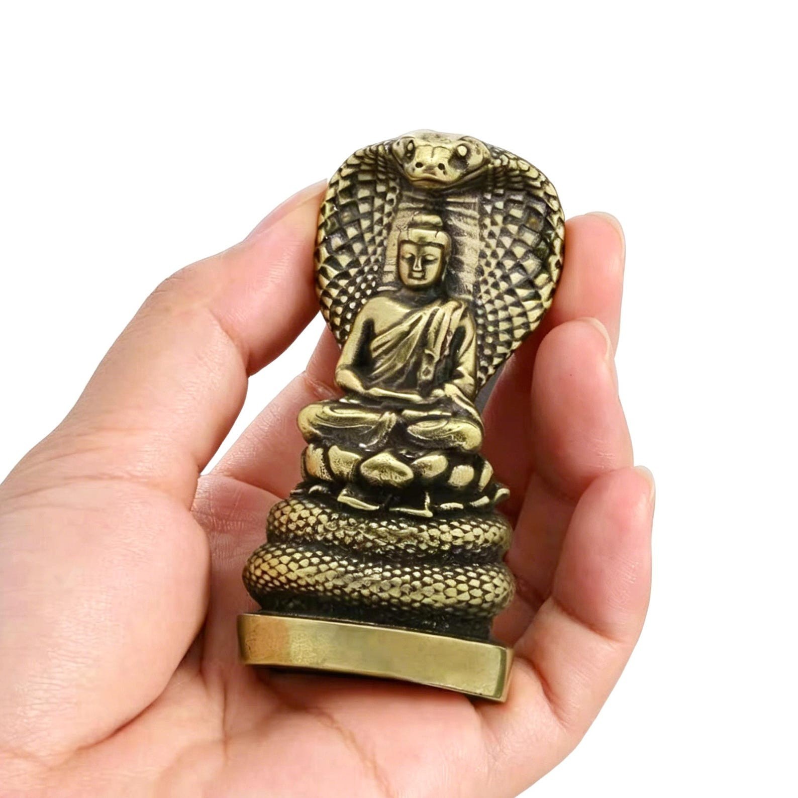 Solid Brass Buddha Naga Snake Statue, Meditating Shakyamuni Lotus Figurine