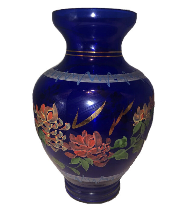 Vintage Hand-Painted Cobalt Blue Glass Large 10 1/2 Inch Vase Hand Painted Fun