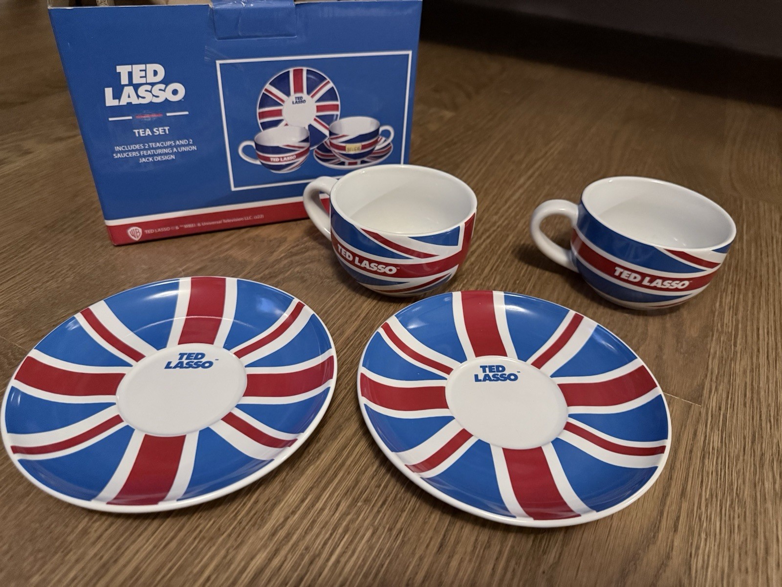 Ted Lasso Union Jack Tea Set – 2 Mugs, 2 Saucers – New In Open Box