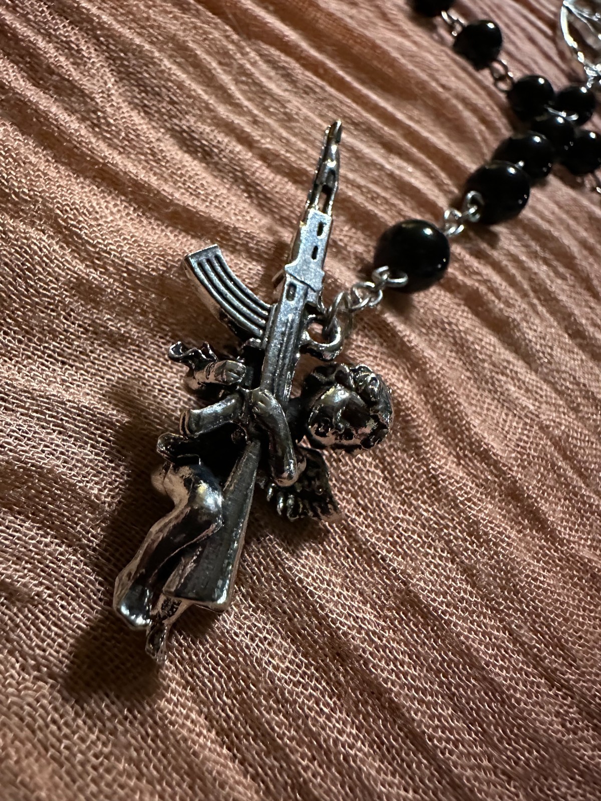Black and Silver, Baphomet Center & Rifle Cherub Pendant Rosary Hail Satan 666