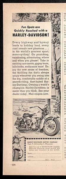 1948 Harley-Davidson motorcycle print AD “Fun Spots are Quickly Reached”