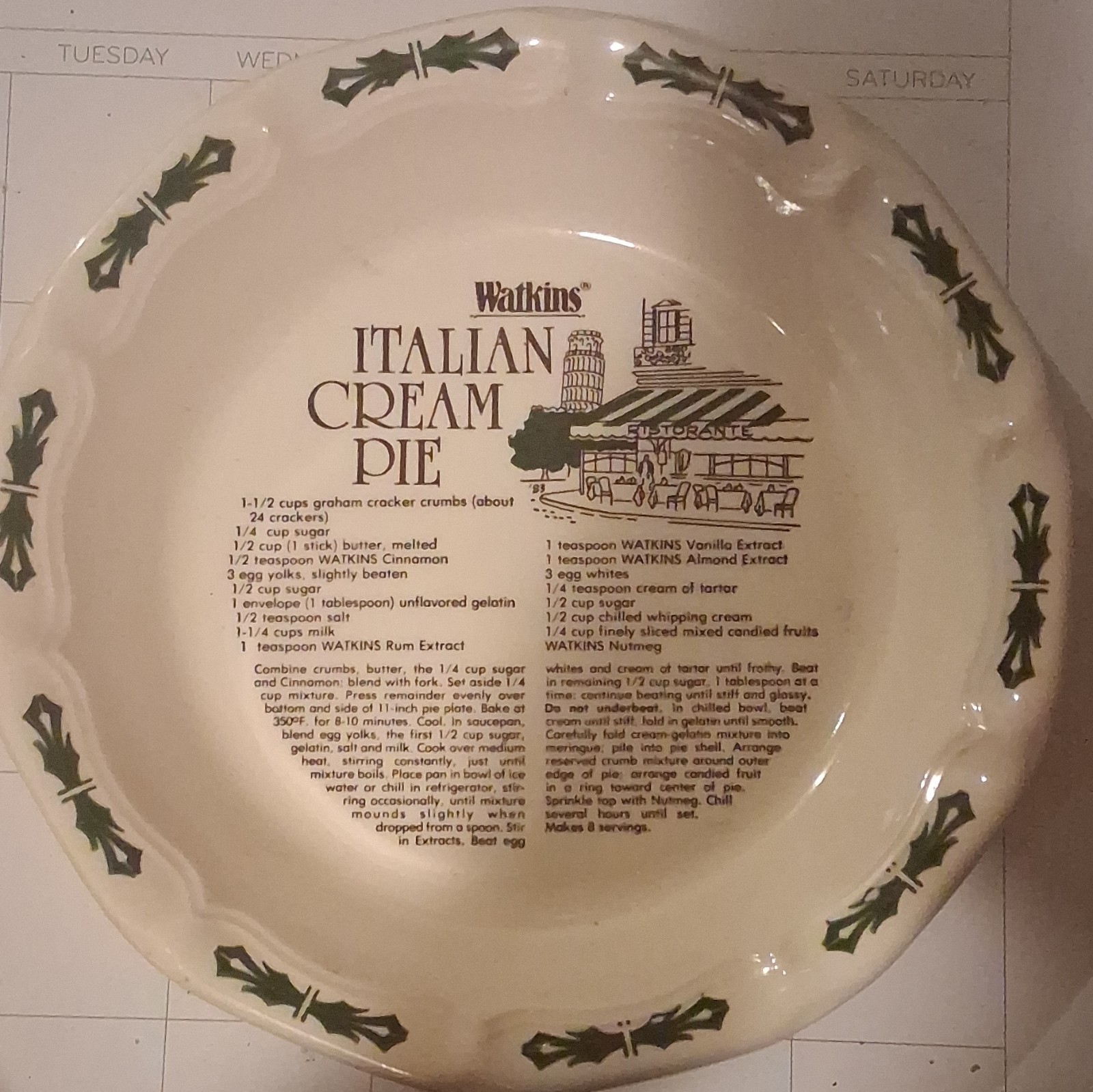 Watkins Italian Cream Pie Recipe Ceramic Pie Dish 10.5 in Oven Safe
