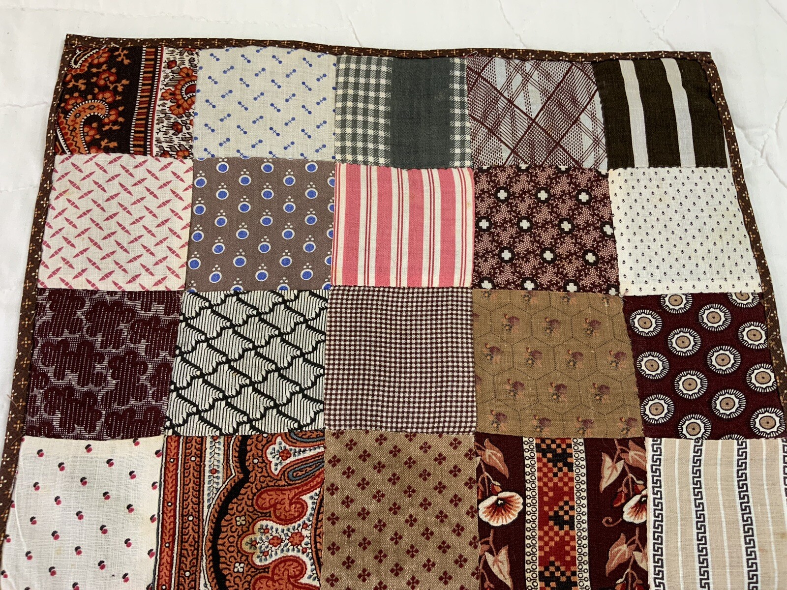 Antique Vintage Patchwork Quilt Table Topper, Four Patch, Early Calicos, Brown
