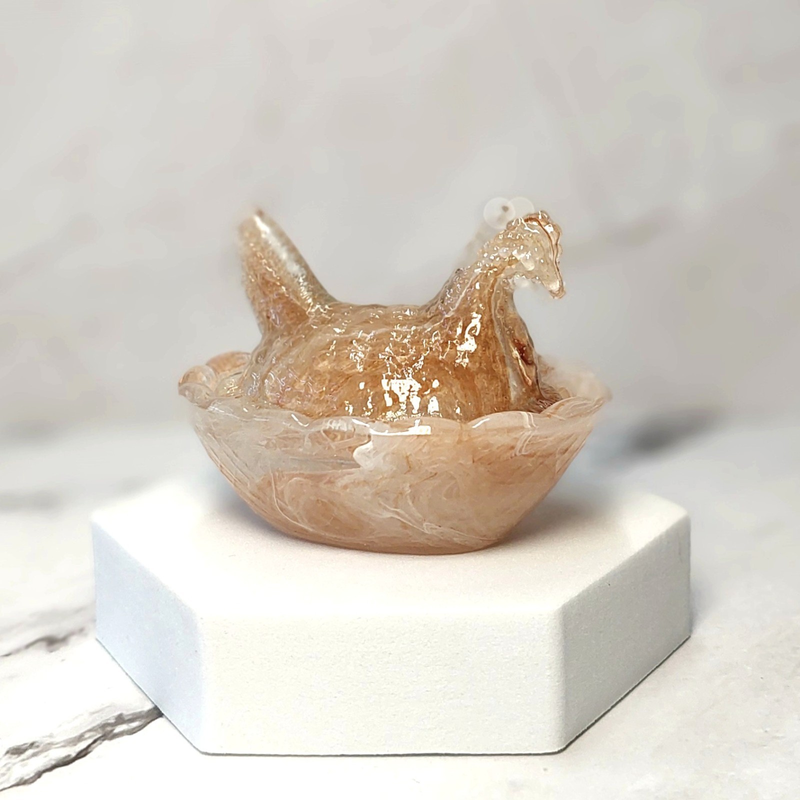 Chocolate Swirl Hen on Nest Mini Chicken Salt Dish, Depression Style Glass