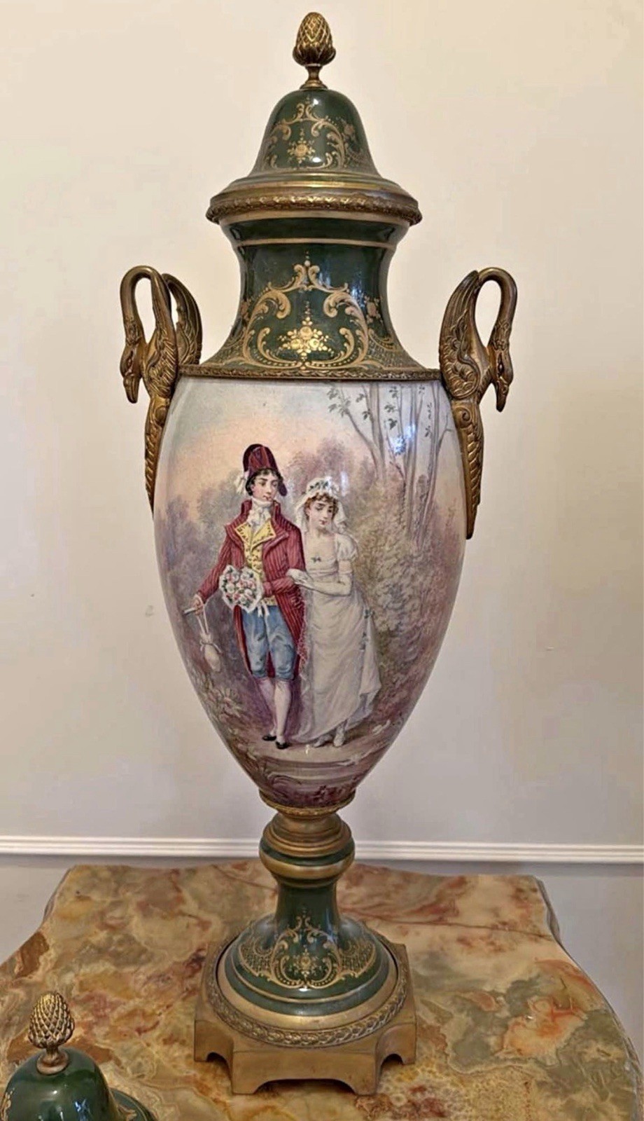 Antique French Sèvres Style Porcelain Urn Vase Bronze Swan Handles 27”
