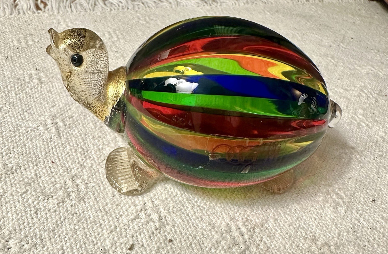 VTG Murano Oggetti Glass Turtle 4″ Polychrome Stripes Gold Accents Orig Sticker