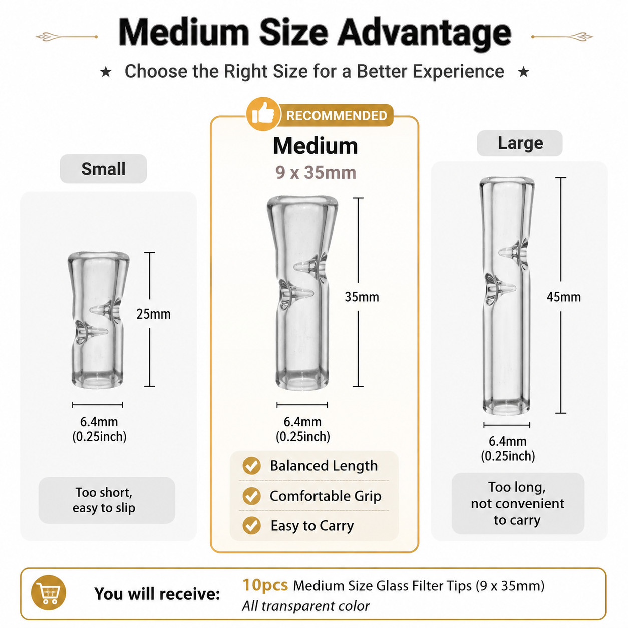 10PCS Medium Glass Rolling Tips for Cigarettes Clear Reusable Ø9mm OD 35mm Pack