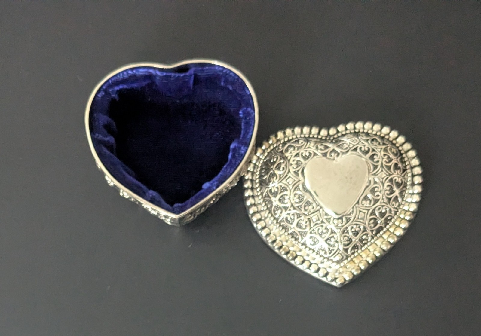 Vintage Silver Plated Heart Shaped Beaded Trinket Box Blue Velvet Lined