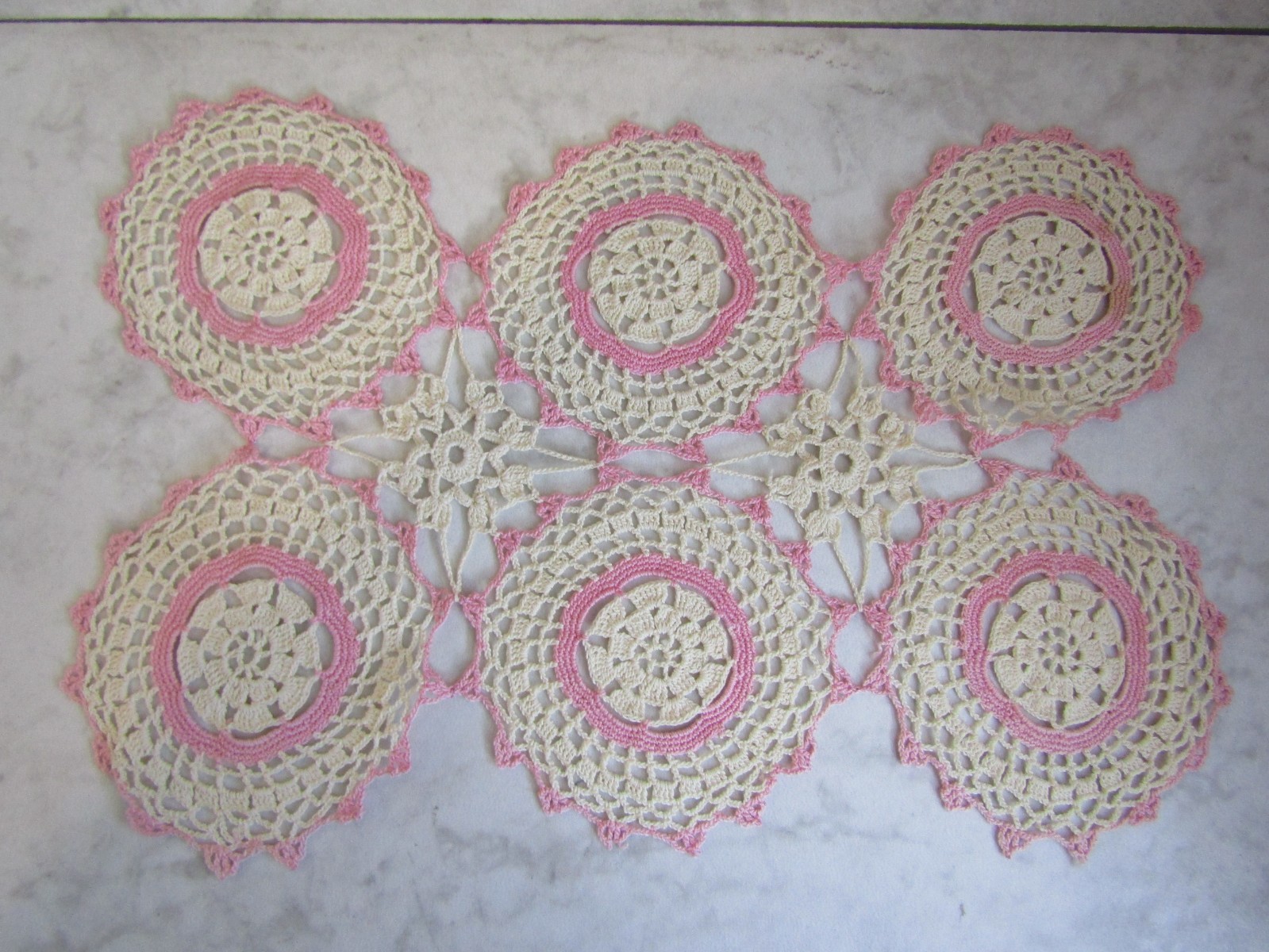 Vintage Pink/White Crochet Round Doily- 9 x 12.5 Inch Rectangle