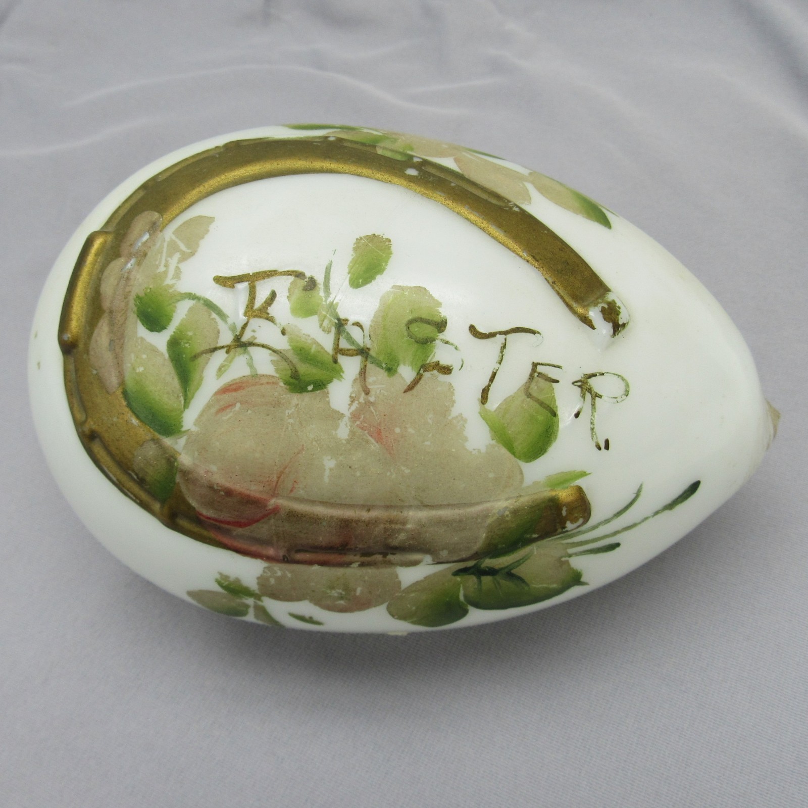 Hand Blown Milk Glass Easter Egg Pontil 6-1/2” horseshoe flowers
