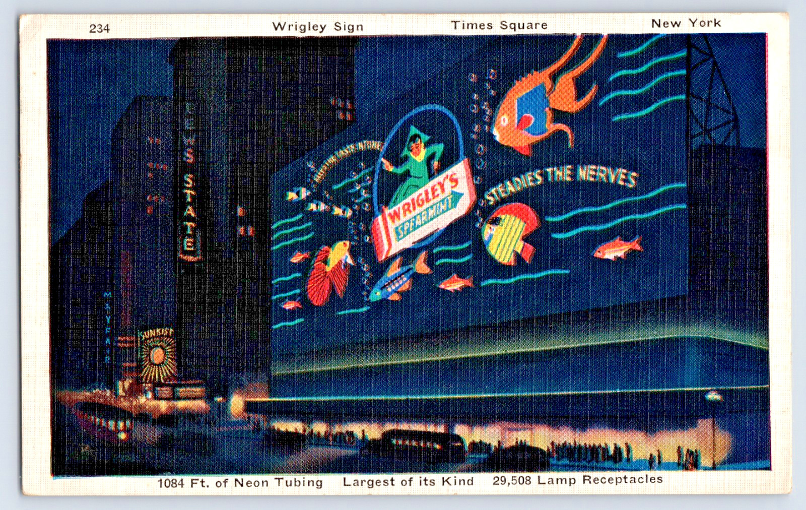 New York City NY NYC Wrigley Gum Neon Sign At Night Times Square 1930s Postcard