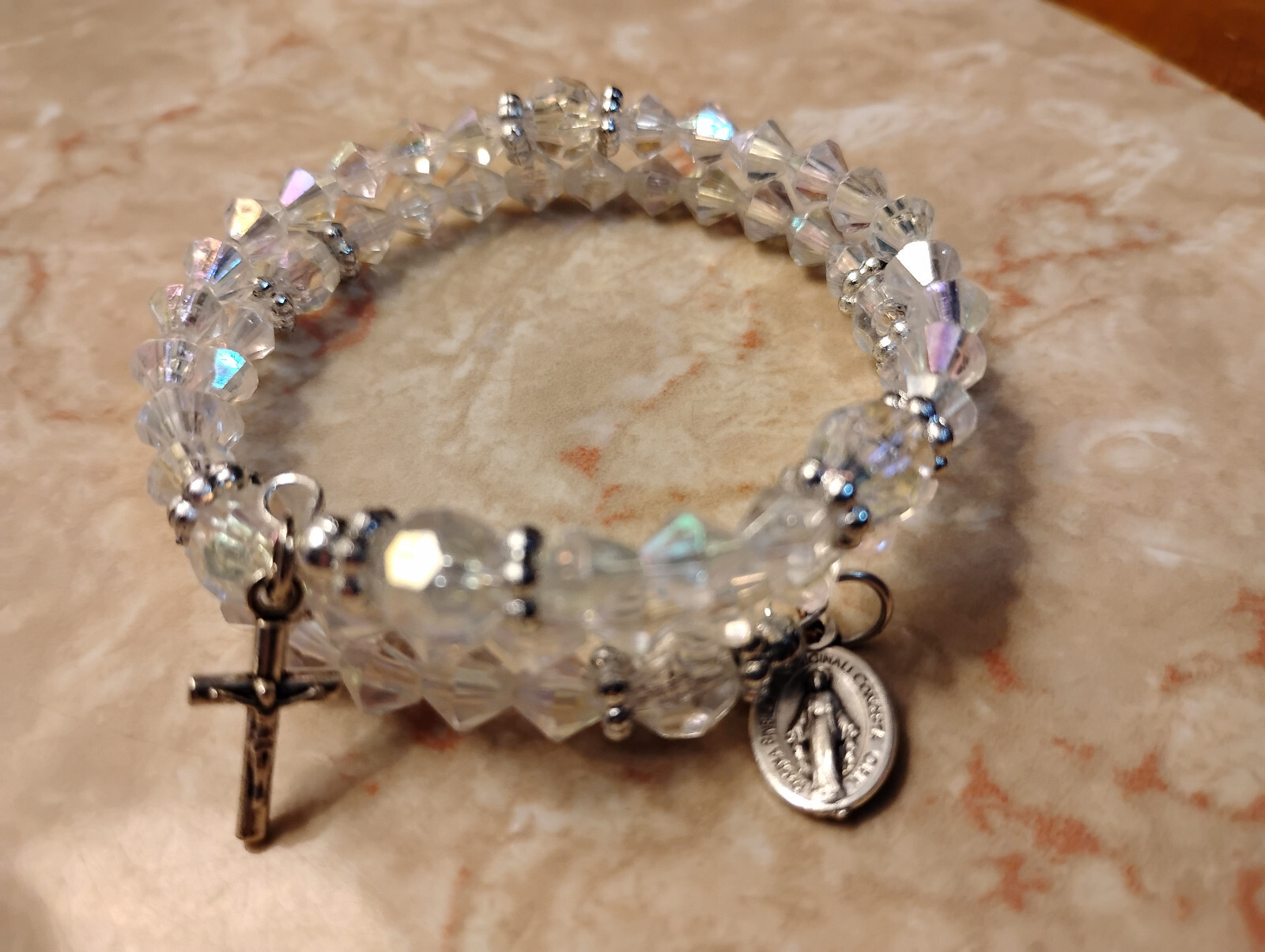 AB Aurora Borealis Crystal Wrap Rosary Bracelet 6mm beads Miraculous medal Italy