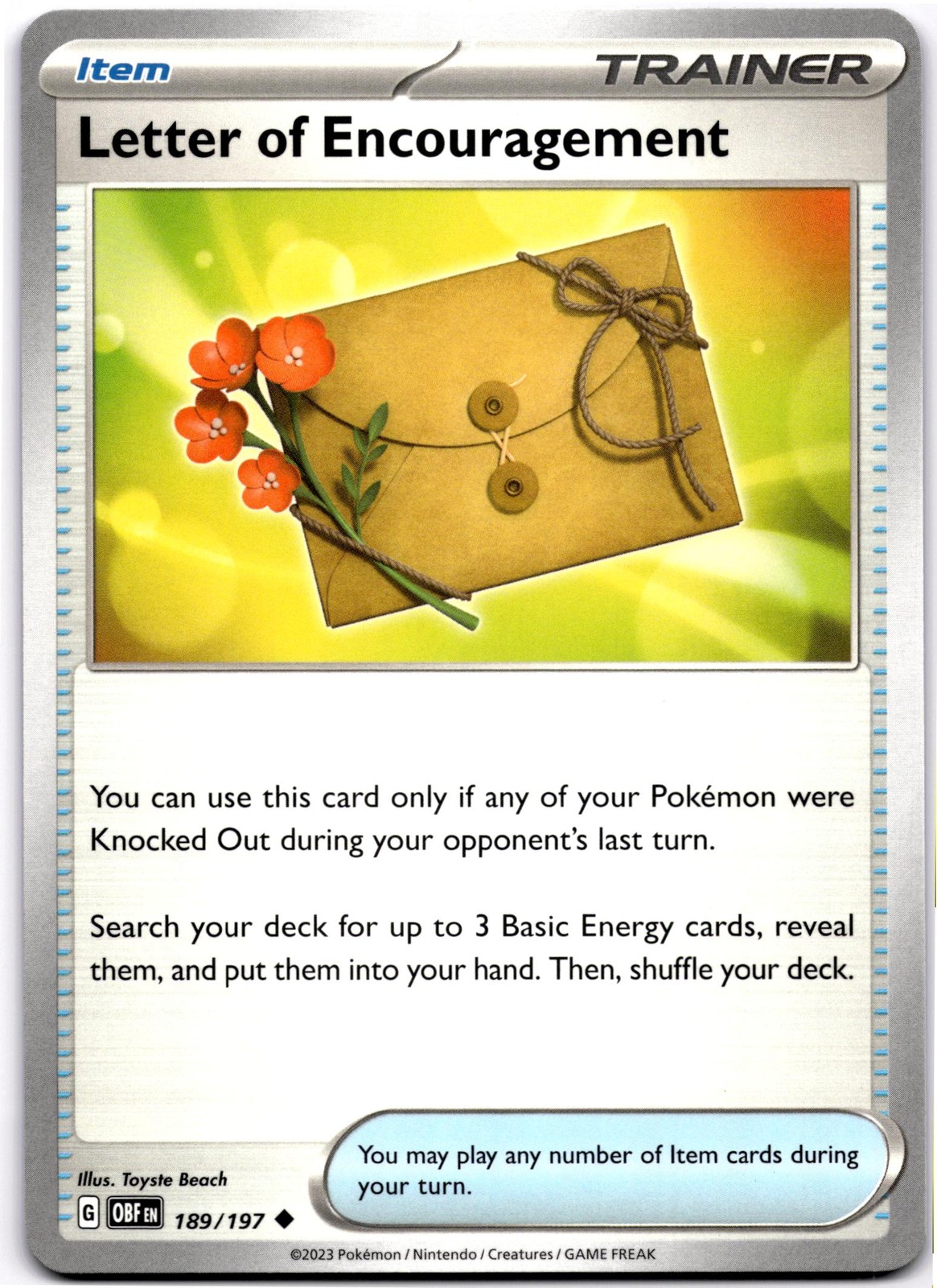 Letter of Encouragement Uncommon SV03: Obsidian Flames 189 Pokemon Toyste Beach