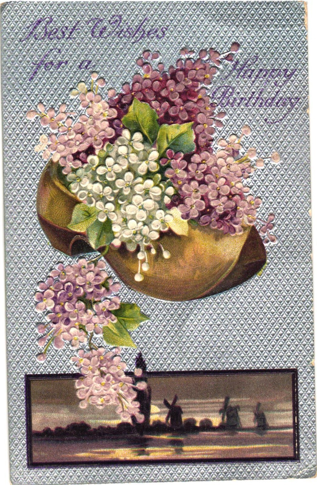 Lilacs in Wooden Shoe Clog Dutch Windmills Embossed Divided Back Postcard c1910s