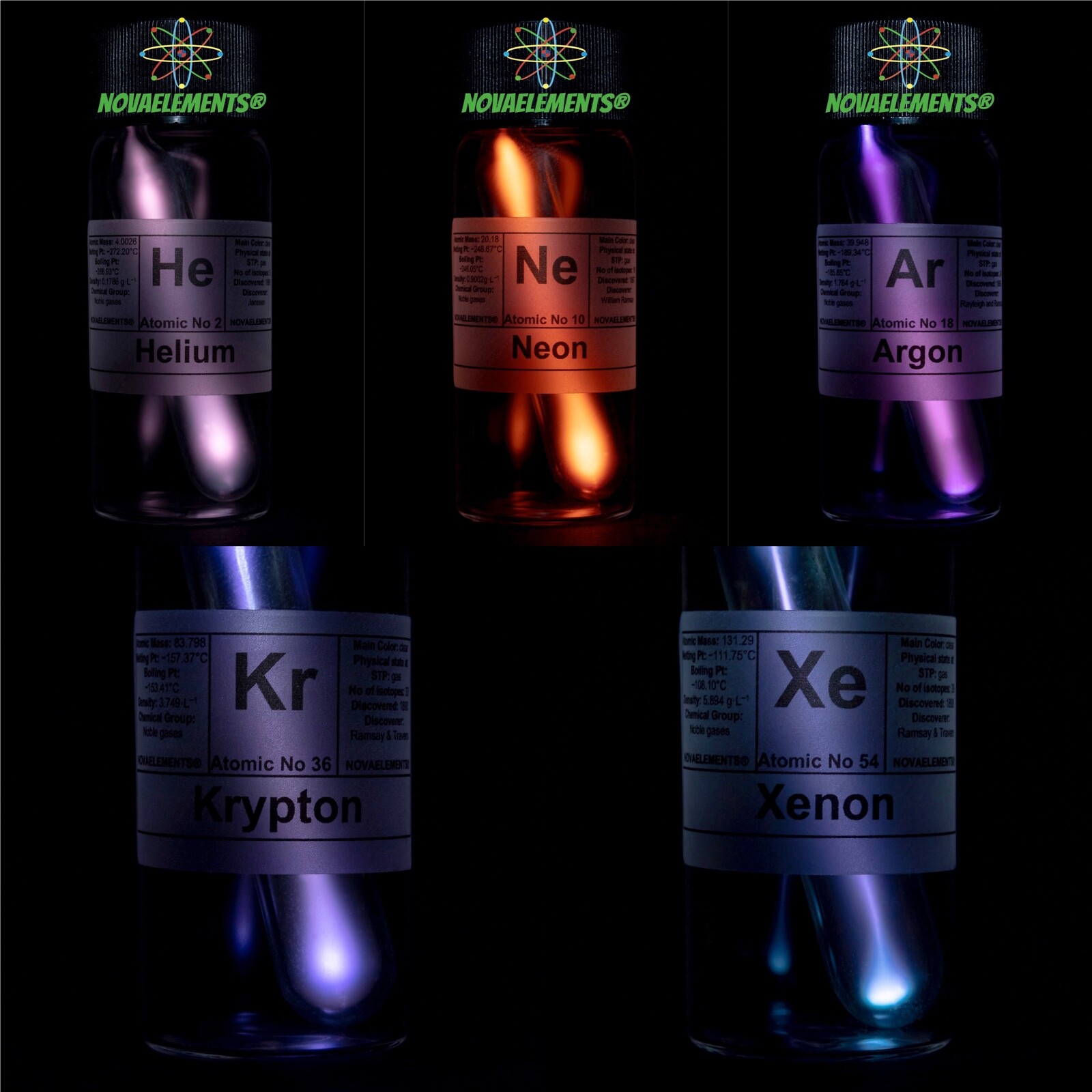 Noble Gases Set Helium, Neon, Argon, Krypton, Xenon Ampoule, Tesla Coil Included