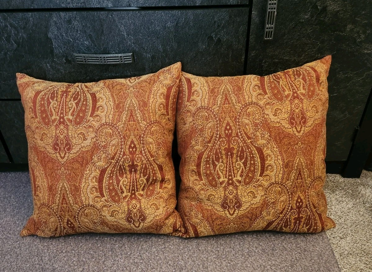 Set of 2 Paisley Gold Red Orange Damask Feather Filled Throw Pillows 20 X 20
