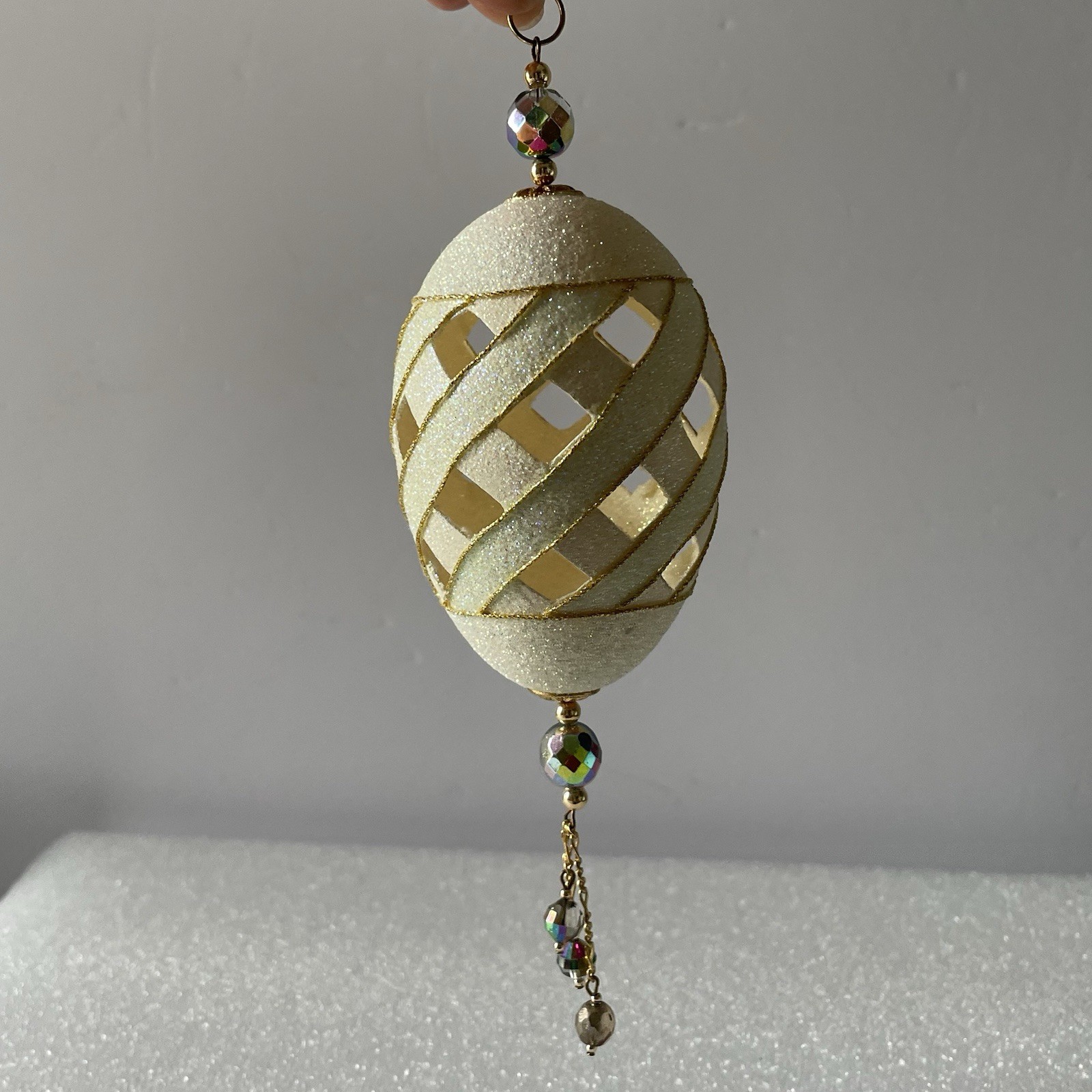 Vintage Lattice Cut Out Egg Shaped Beaded Christmas Ornament