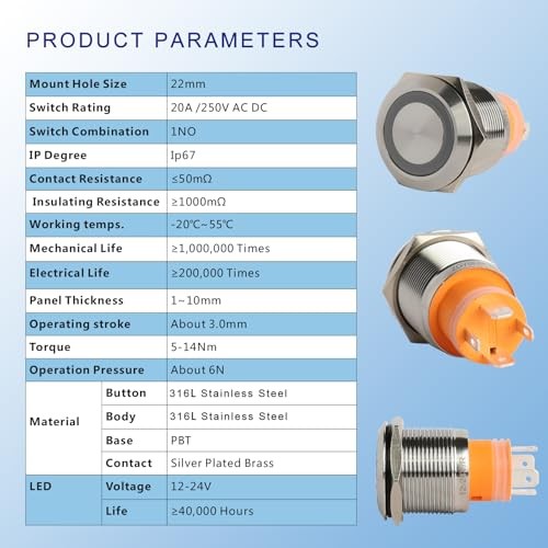 12V Push Button Switch 22MM 316L Stainless Steel Buttons 20A High Red Latching