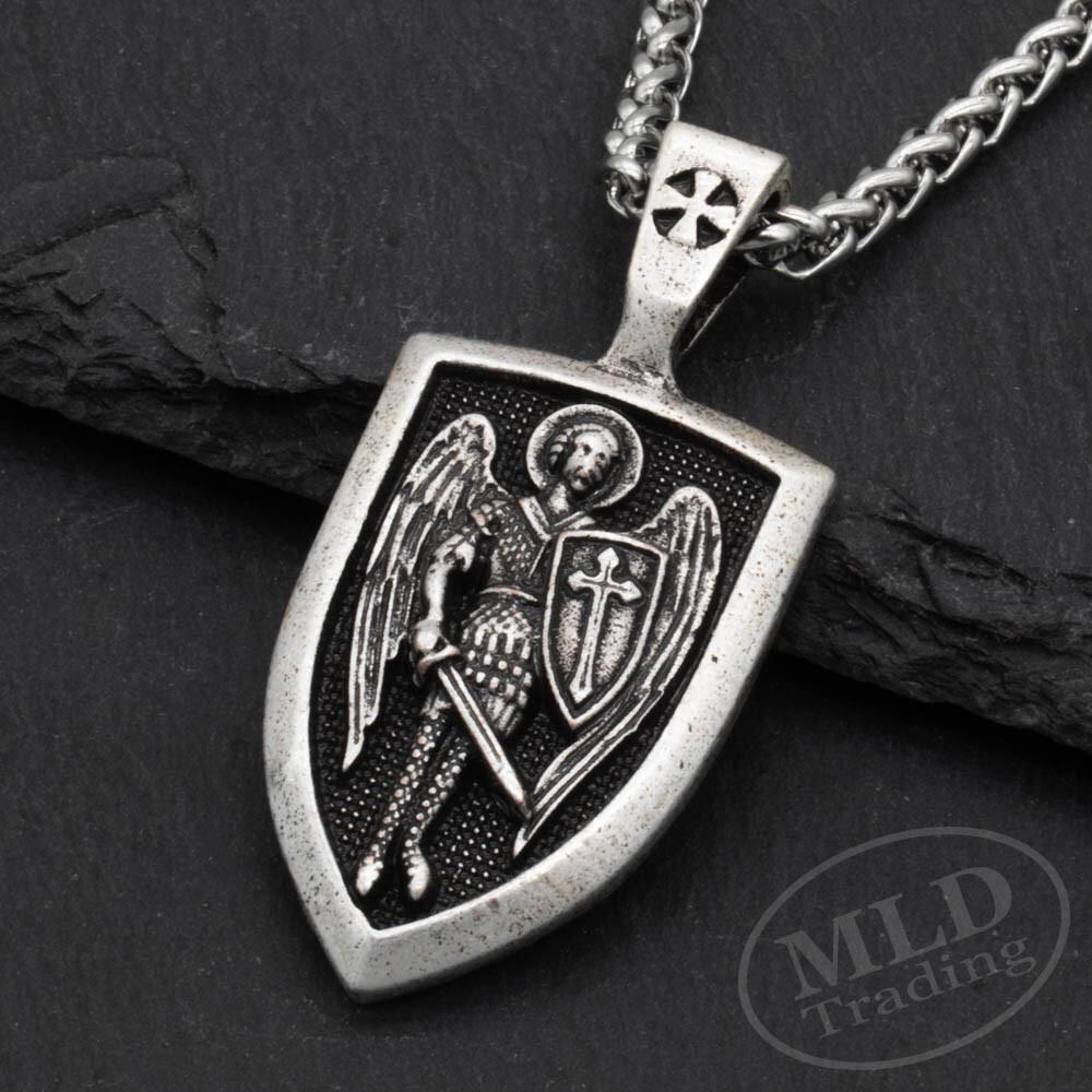 Saint St Michael Shield Medal Pendant Necklace, Silver Zinc Alloy, 24″ Chain