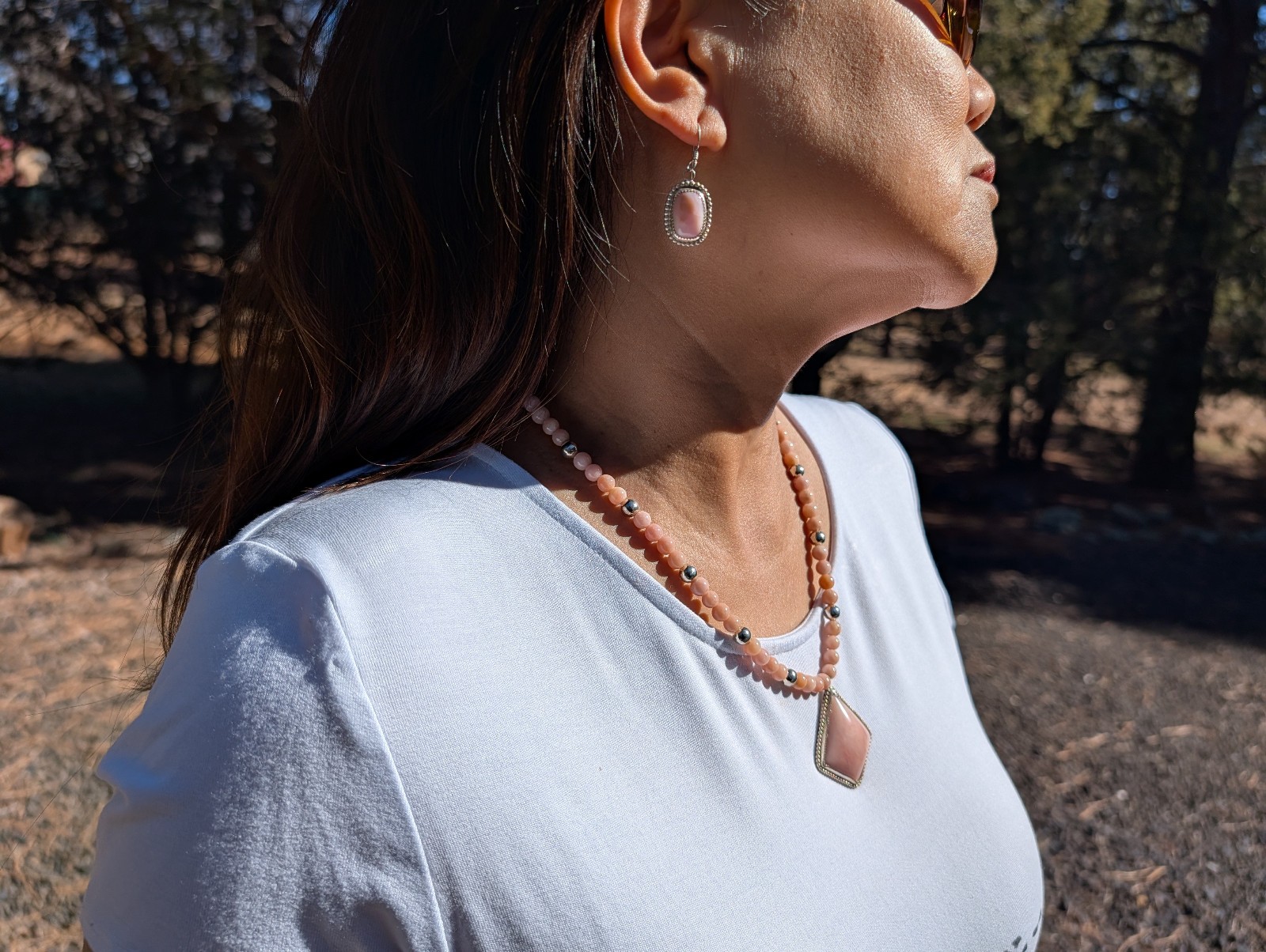 Native American Peruvian Opal Stone Necklace & Earrings Set Pink Stone Jewelry